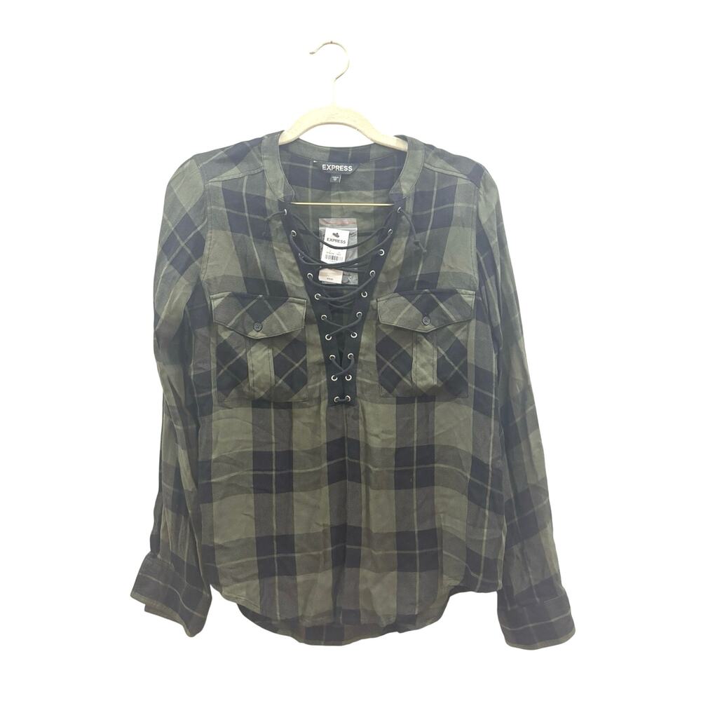 Express Olive and Black Plaid Lace-Up Button Front Shirt
